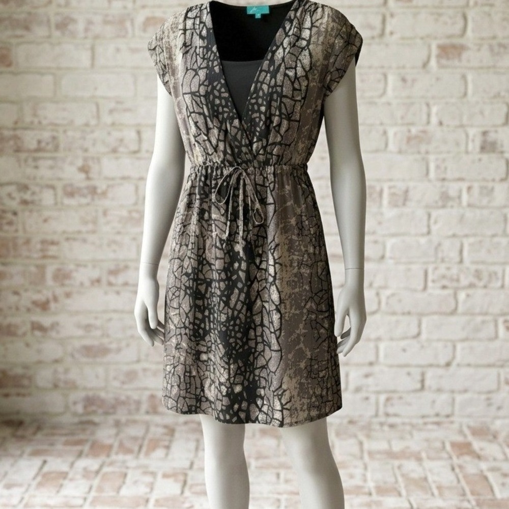 vfish Dress Grey Abstract Faux Wrap Elastic Waist Casual Mini Dress Travel Small